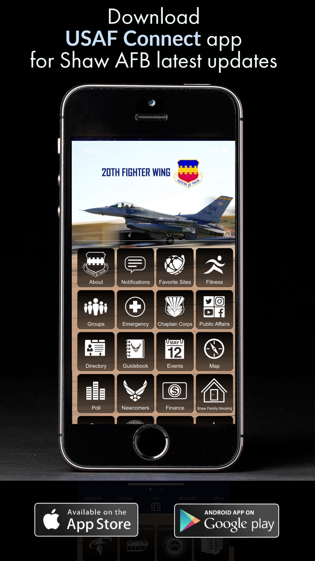 Image of cellphone displaying Shaw Air Force Base App